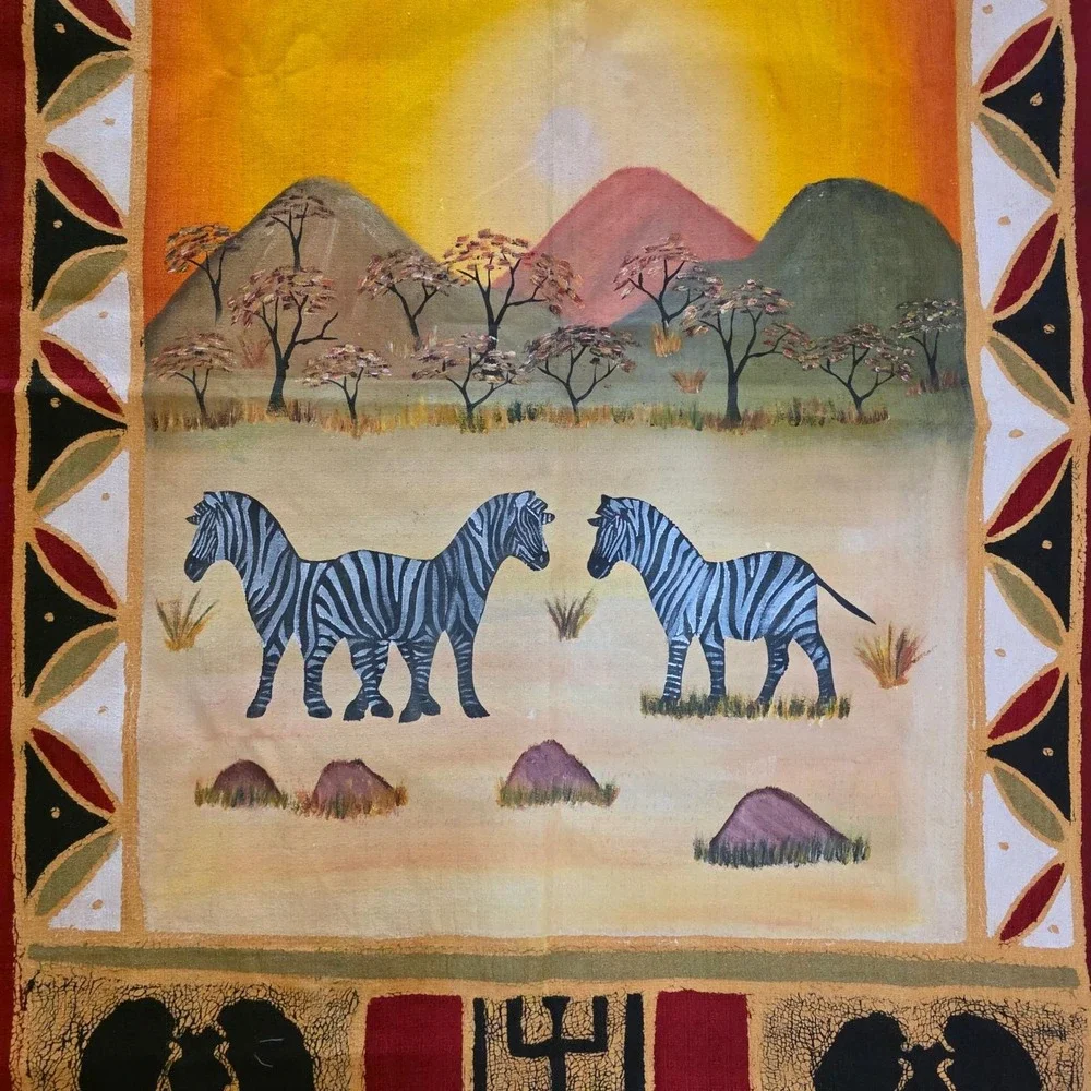 Hand Painted African Wall Hanging or Textile Safari Zebra Elephant Sunrise 36x60